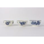 Three Worcester blue and white printed slop bowls, circa 1780, decorated with fruit,
