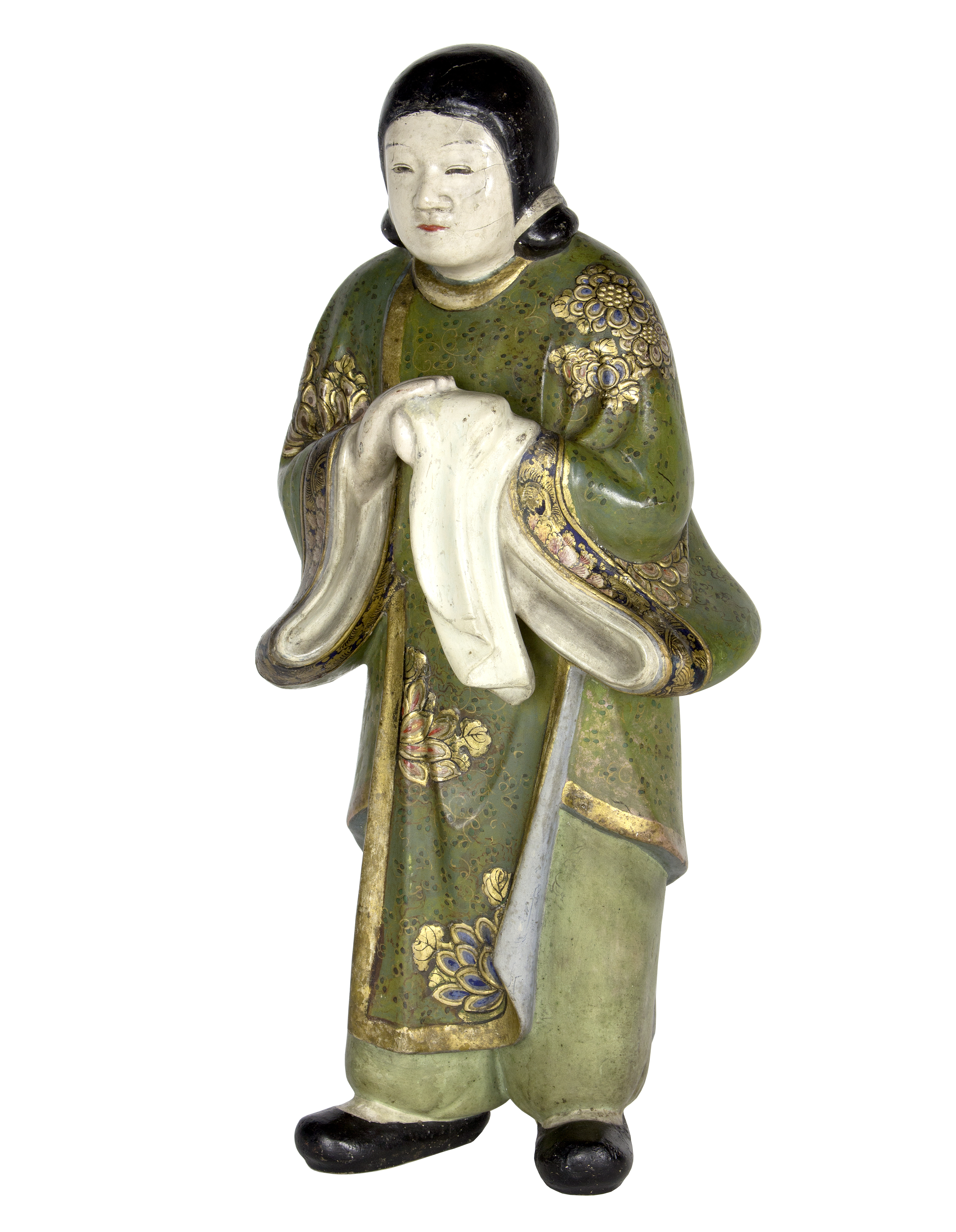 An Oriental lacquered papier-mâché figure of a servant, standing with hands clasped, 35.