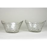 A pair Irish glass of boat-shaped bowls, flat geometric cutting,