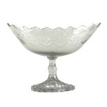 An Irish glass pedestal bowl, navette shaped bowl cut with diamonds in circles, 26.