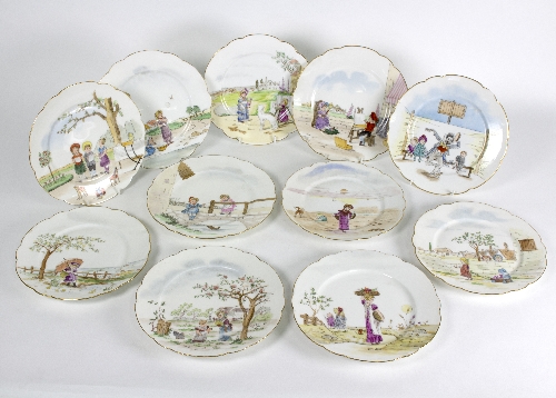 Eleven nursery plates, decorated childhood scenes and with wavy gilt rims,