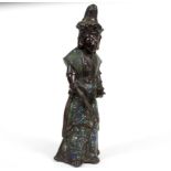 A Chinese bronze and champlevé enamel figure of a luohan, 19th Century, holding a cup in one hand,