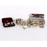 A pair of George III silver salts, London 1766, a silver Christening set, cased,