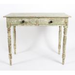 A pine two-drawer table, painted in cream and green, on turned legs,