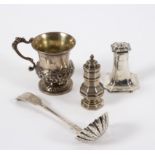 A Victorian silver sifter spoon, London 1851, a silver pepper pot, Birmingham 1916,