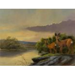 Richard Britton (British, born 1931)/Dawn's Early Light/(deer in a landscape)/signed/oil on board,