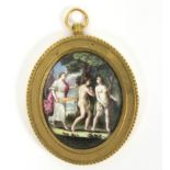 An 18th Century oval plaque, 'Paradise', within a gilt metal mount, overall 7.5cm x 6.