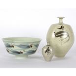 Derek Clarkson (British 1928-2013)/Footed celadon glazed bowl/with brush decoration,