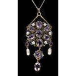 An Austro-Hungarian amethyst and mother-of-pearl pendant with enamelled open work frame,