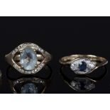 An aquamarine and diamond set ring to a gold mount, size 0½,