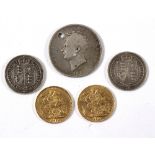 Two George V sovereigns dated 1911 and three other coins