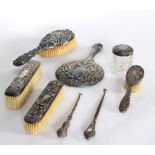 A matched silver backed dressing table set, various makers, comprising hairbrush, child's hairbrush,