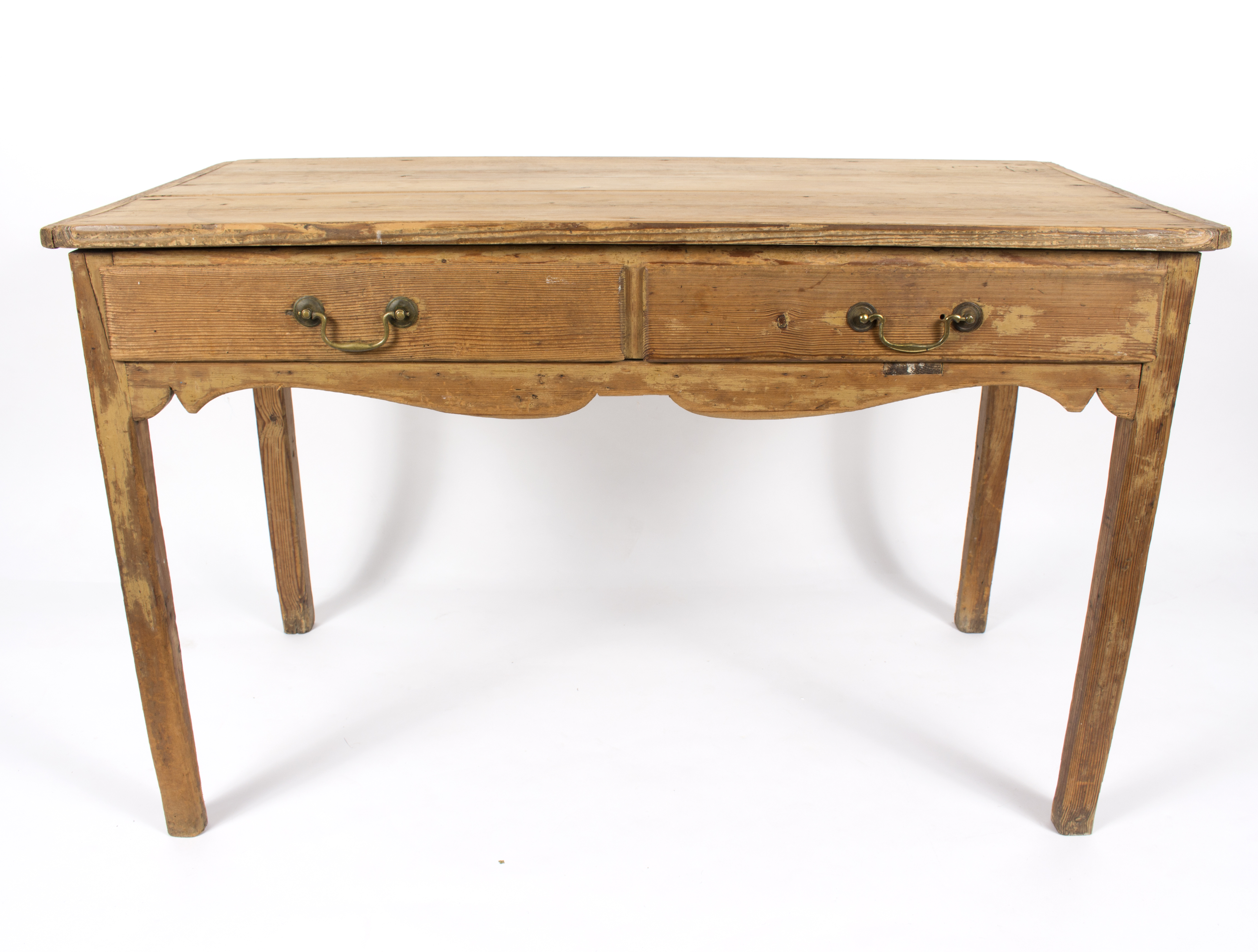 A pine table, fitted two drawers, on square legs,