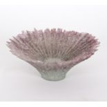 Tessa Clegg/Glass bowl/of flared fan form in purple and green, signed to base and dated 1984,