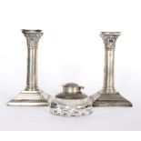 A pair of silver desk candlesticks, Martin & Hall, Sheffield 1911, of Corinthian column form,