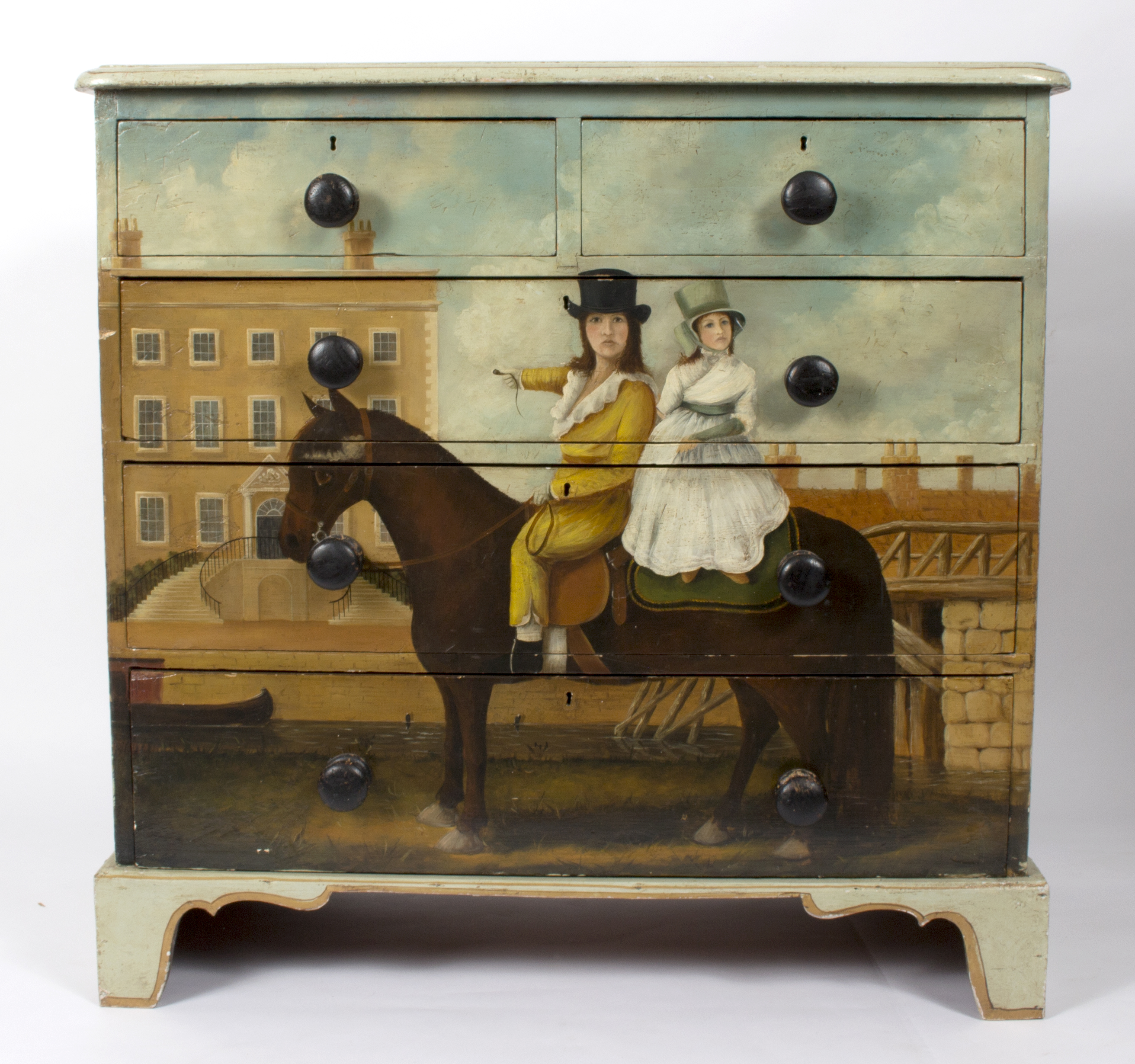 A painted chest, of two short over three long drawers, painted a woman on horseback,