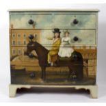 A painted chest, of two short over three long drawers, painted a woman on horseback,