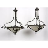 A pair of Christopher Wray bronzed metal and glass ceiling lights,