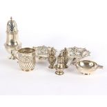 A silver sugar caster, London 1904, a silver quaiche and sundry silver,