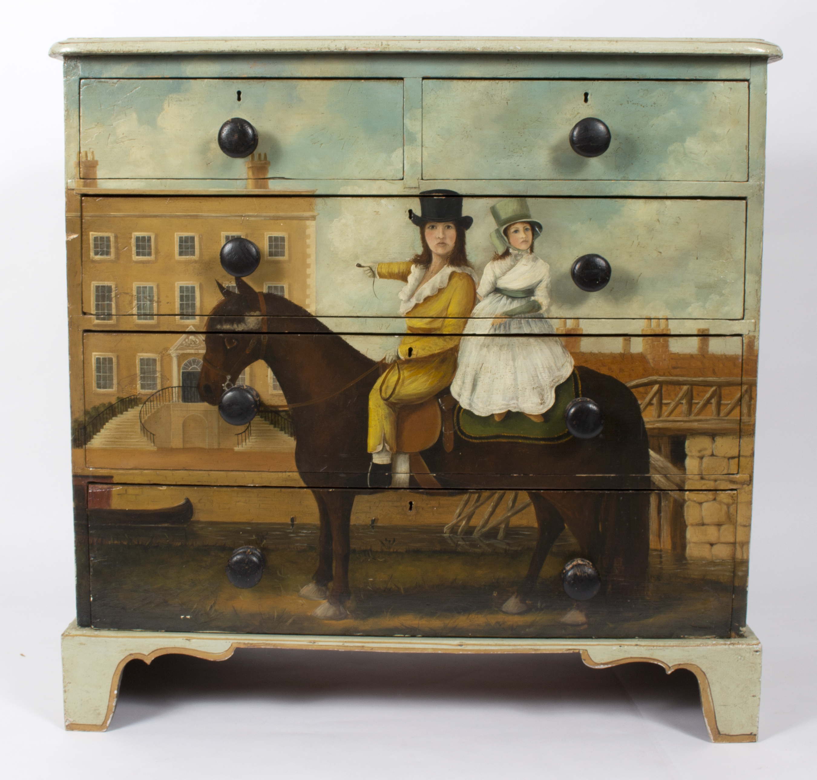 A painted chest, of two short over three long drawers, painted a woman on horseback, - Image 2 of 3