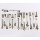 A matched set of 18th Century silver table forks, various makers,