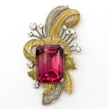 A rubellite and diamond spray brooch, the central emerald cut rubellite tourmaline,