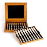 A set of eighteen silver fish knives, the blades J G, Birmingham 1856, in a fitted satinwood case,