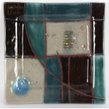 S J Bowen (British 20th Century)Square glass dish/in turquoise, red, cream and brown,