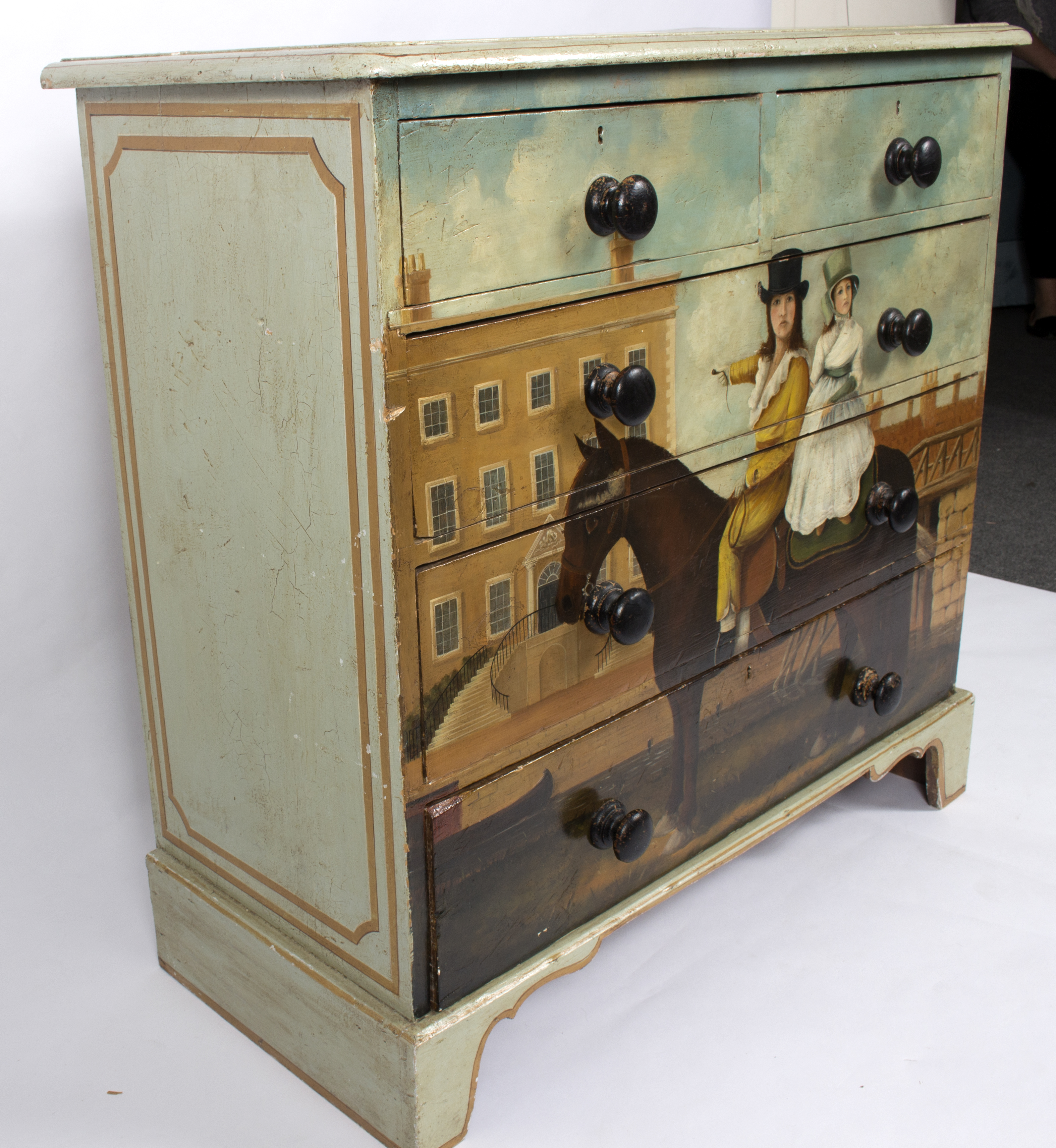 A painted chest, of two short over three long drawers, painted a woman on horseback, - Image 3 of 3