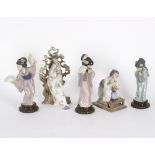 Lladro/Five porcelain figures of Japanese women/the largest of a lady seated in front of a tree