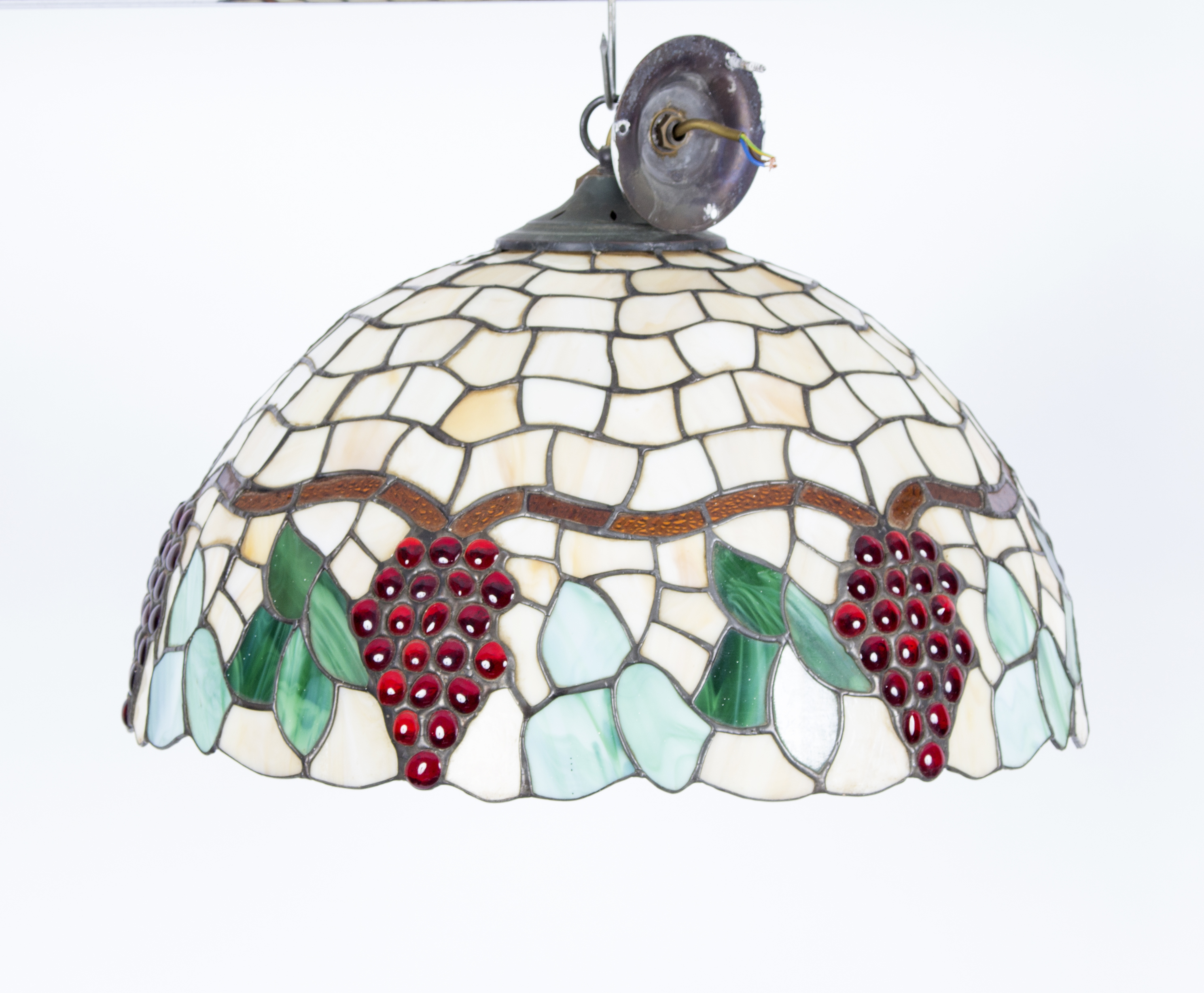 A Tiffany style pendant light fitting, the lead lined circular shade depicting fruiting vines, - Image 2 of 2