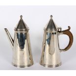 A pair of Art Deco silver chocolate pots, TB & S, Sheffield 1922,