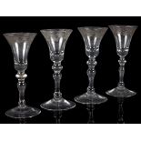 Four English balustroid wine glasses, circa 1750,