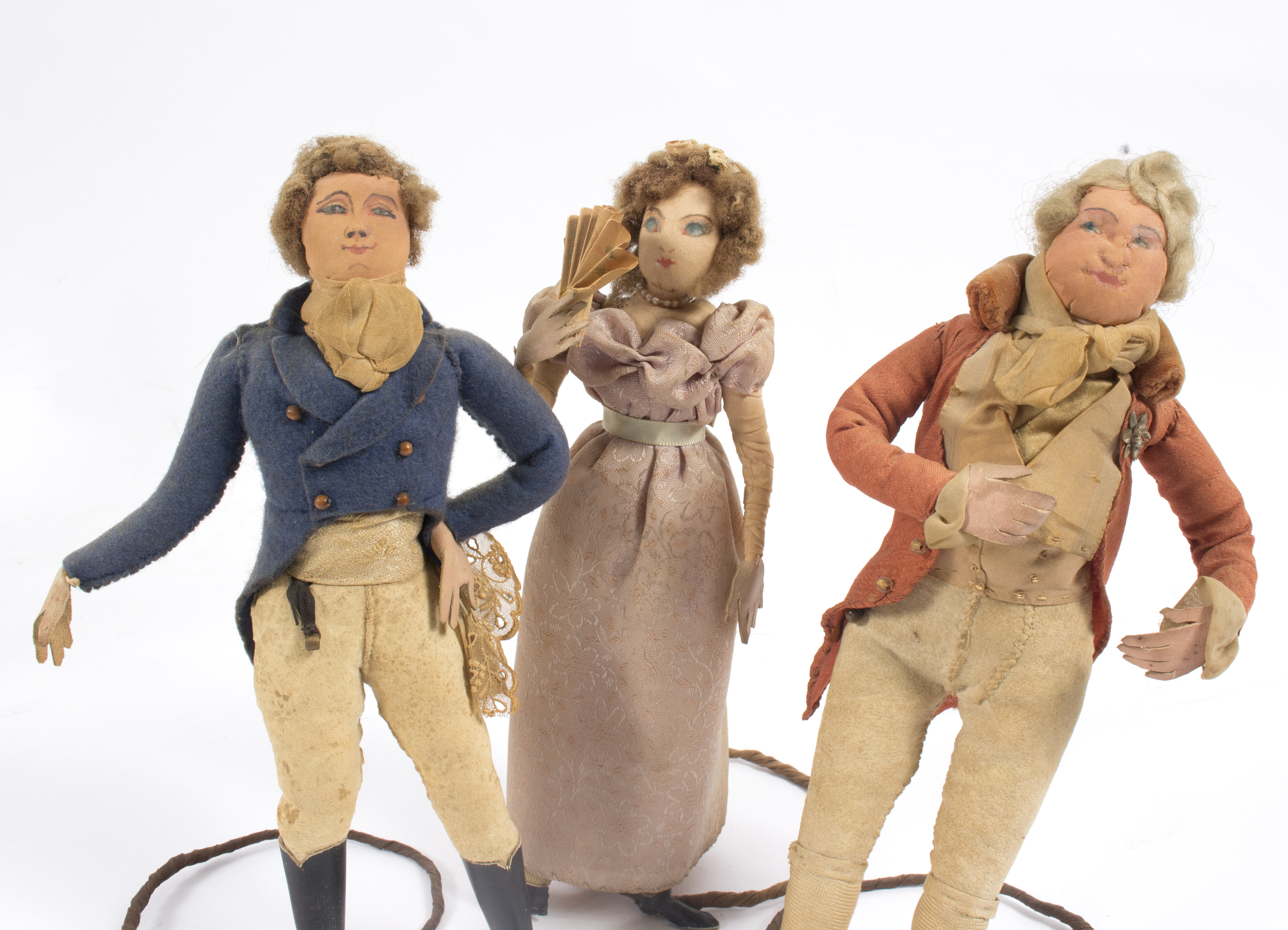 A group of six Regency dolls, with overstuffed kid leather bodies and silk dress, on wire stands, - Bild 3 aus 4