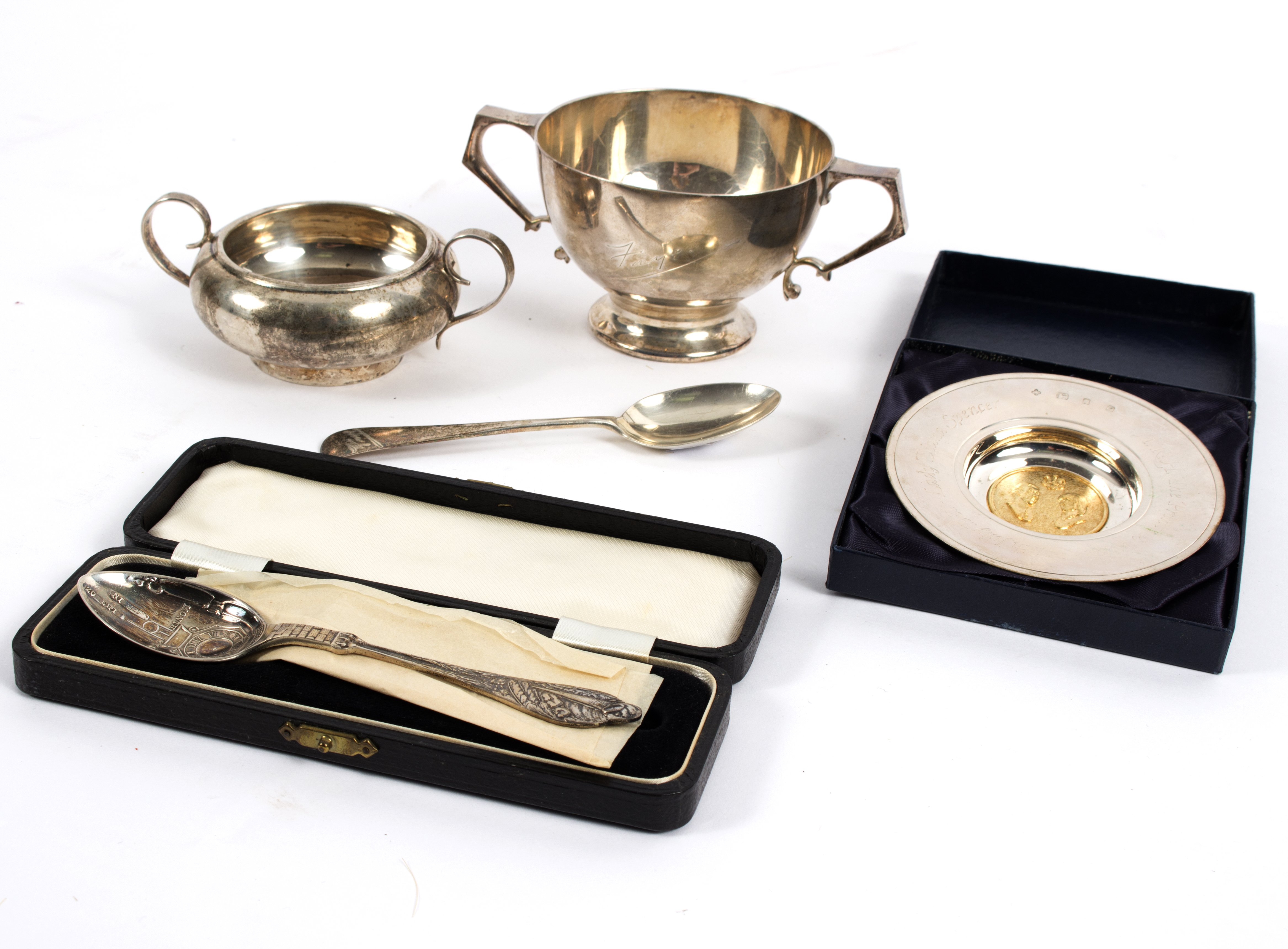 A silver porringer and spoon, W & W, London 1926, inscribed, a two-handled bowl, - Image 2 of 2