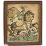 19th Century/George and the Dragon/cutwork print with silvered metal and silk detailing, 22cm x 18.