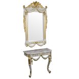A gilt and white painted pier table and mirror by Thomas Messel, the mirror with plume surmount,