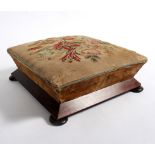 A square needlework stool with rosewood base,