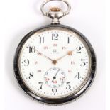 An Omega silver cased pocket watch, with Arabic numerals and subsidiary dial,