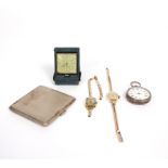 Two 9ct gold cased wristwatches, one strap a/f, a French silver pocket watch,