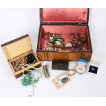 Sundry costume jewellery in a Victorian walnut and straw work box