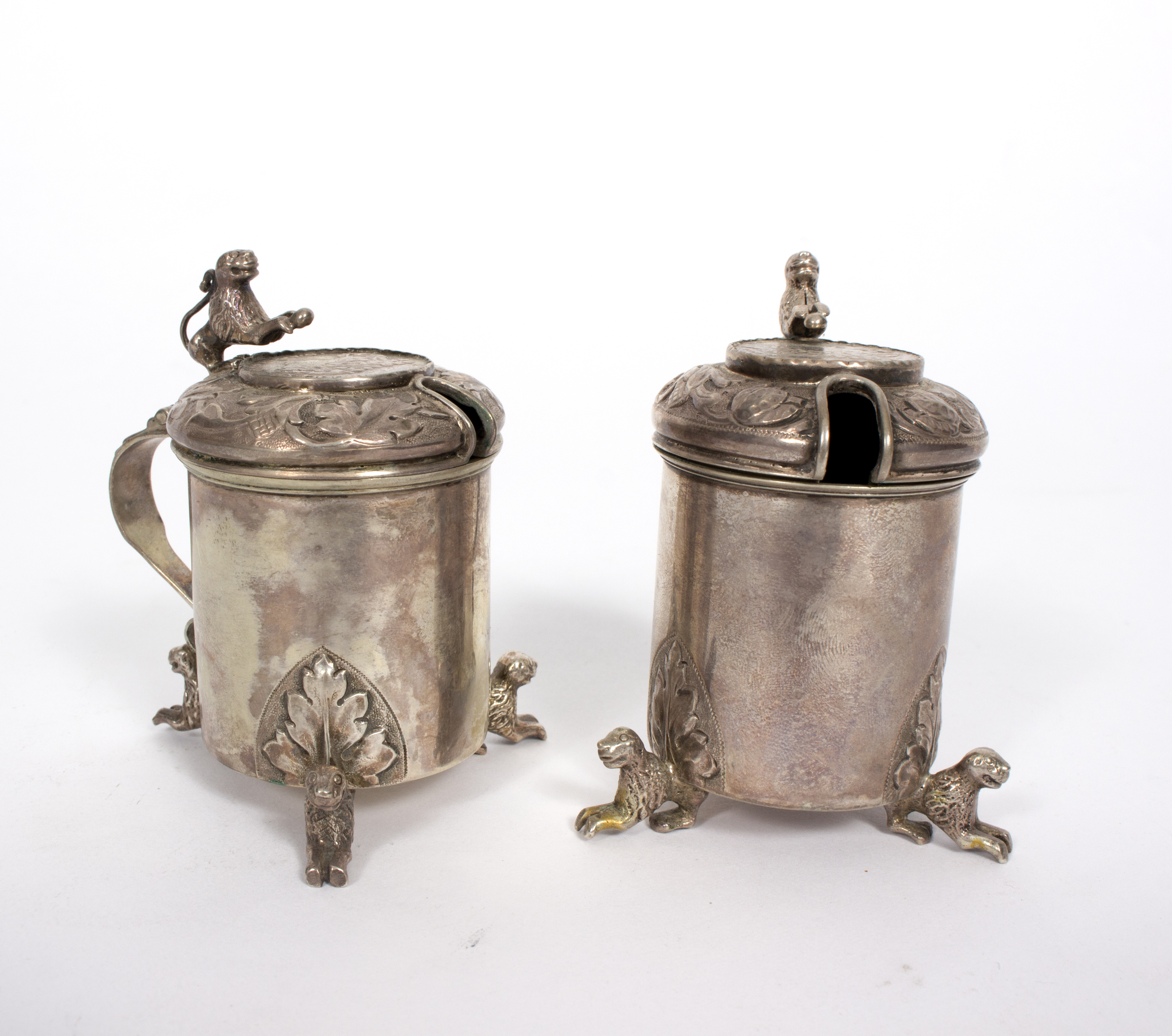 A pair of Norwegian silver mustard pots, Marius Hammer, 830 standard, each of peg tankard form,