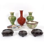 A small group of Oriental wares to include a pair of cloisonné vases to a green ground,