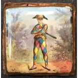 A 19th Century enamelled plaque, painted with a harlequin in a landscape and blue enamel to reverse,