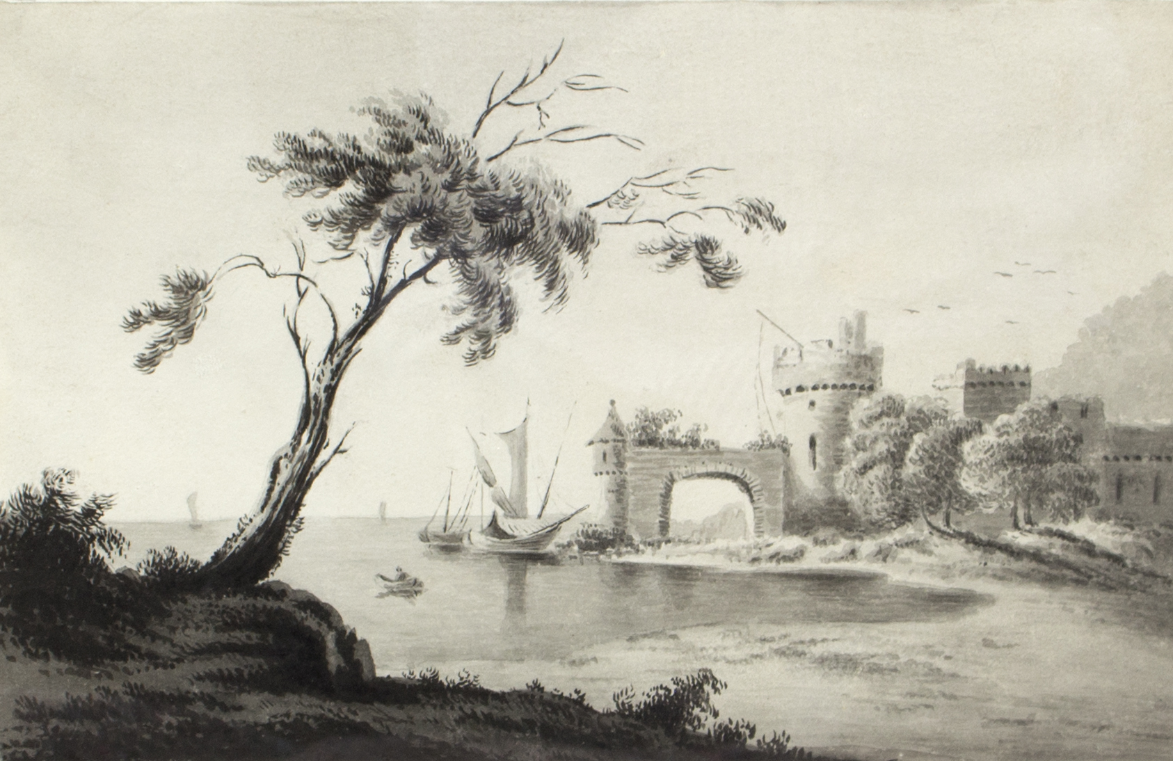 Attributed to Moses Griffith (British 1747-1819)/Coastal Capriccio/pencil and wash, - Image 2 of 2