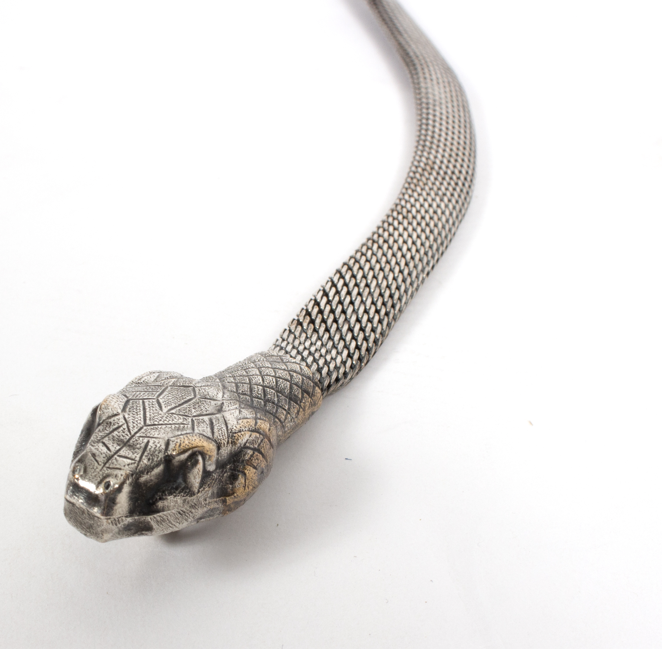 An Indian silver reticulated belt in the form of a snake with engraved snake head clasp, - Image 2 of 2