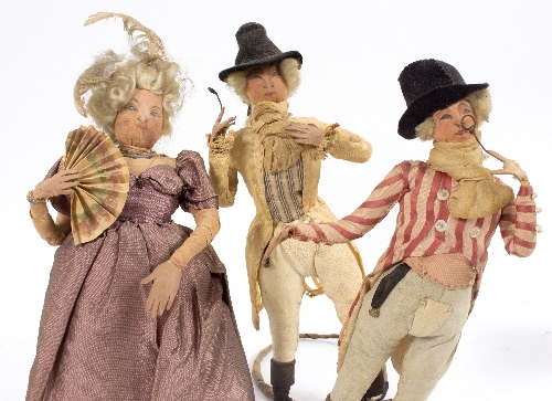 A group of six Regency dolls, with overstuffed kid leather bodies and silk dress, on wire stands, - Bild 2 aus 4