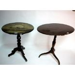 A 19th Century tripod table, the circular top painted and inlaid with a racing scene,