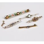 A sapphire, diamond and seed pearl bar brooch with foliate open work frame,