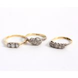 Three diamond rings, comprising a three stone illusion set ring to an 18ct gold platinum band,